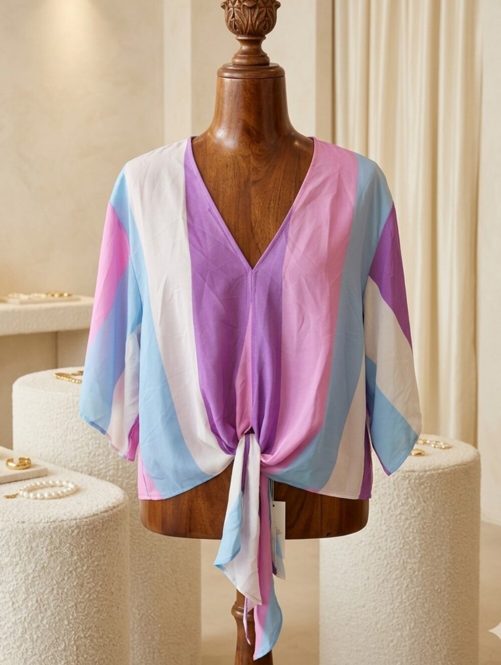 Adrienne Pastel Striped Tie Front Blouse Size Medium